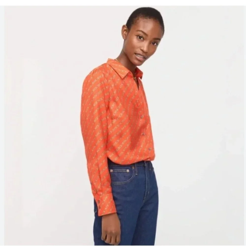 J Crew Collection Red Gold Silk Blouse/Top Gold Chain Link Print NWT size 8 - Picture 2 of 9